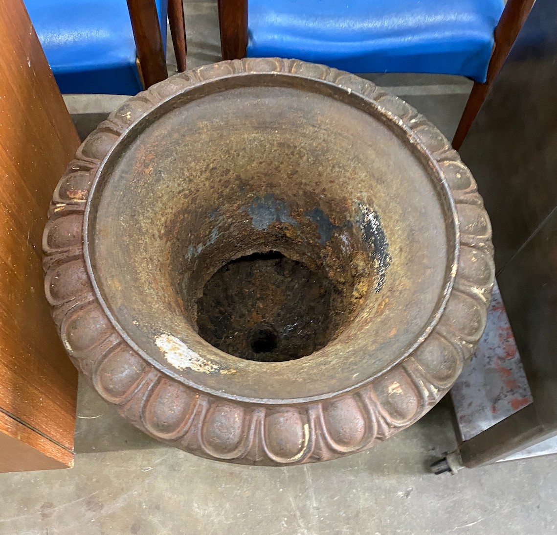 A Victorian style cast iron campana garden urn, diameter 48cm, height 61cm